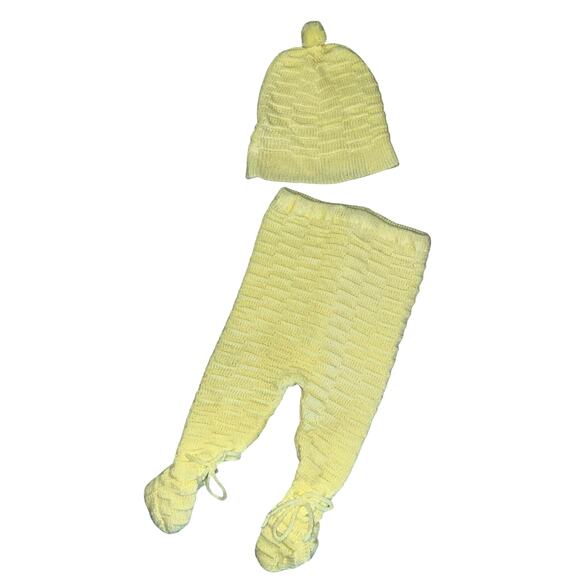Infant Yellow Knit Vintage Pant & Hat Set size Newborn - Picture 1 of 9